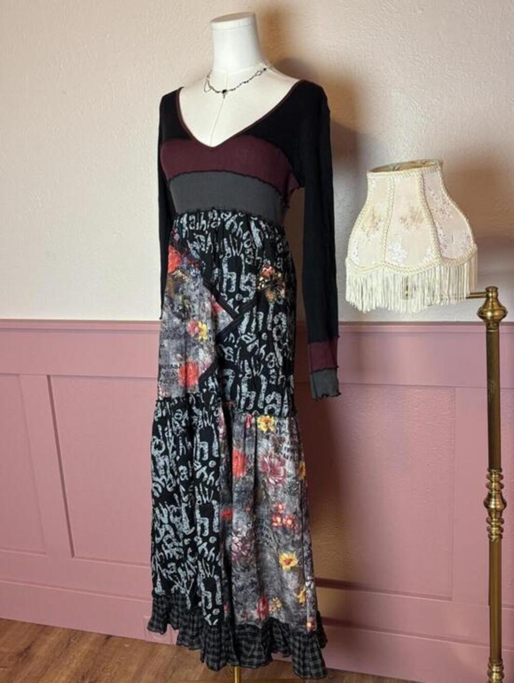 grunge euro patchwork dress frime small cotton black goth alternative